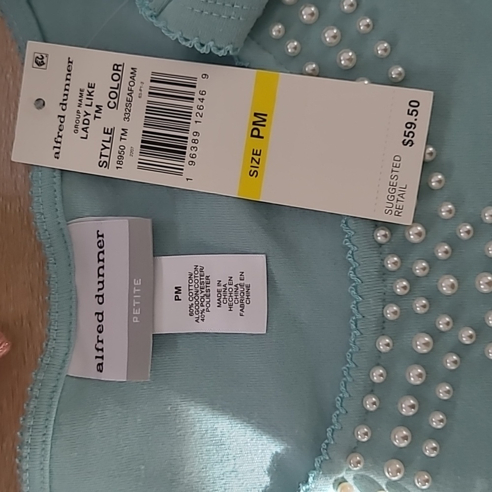 Alfred Dunner Lightweight Faux Pearl Studded Cotton Blend Top in Powder Blue - Picture 4 of 4